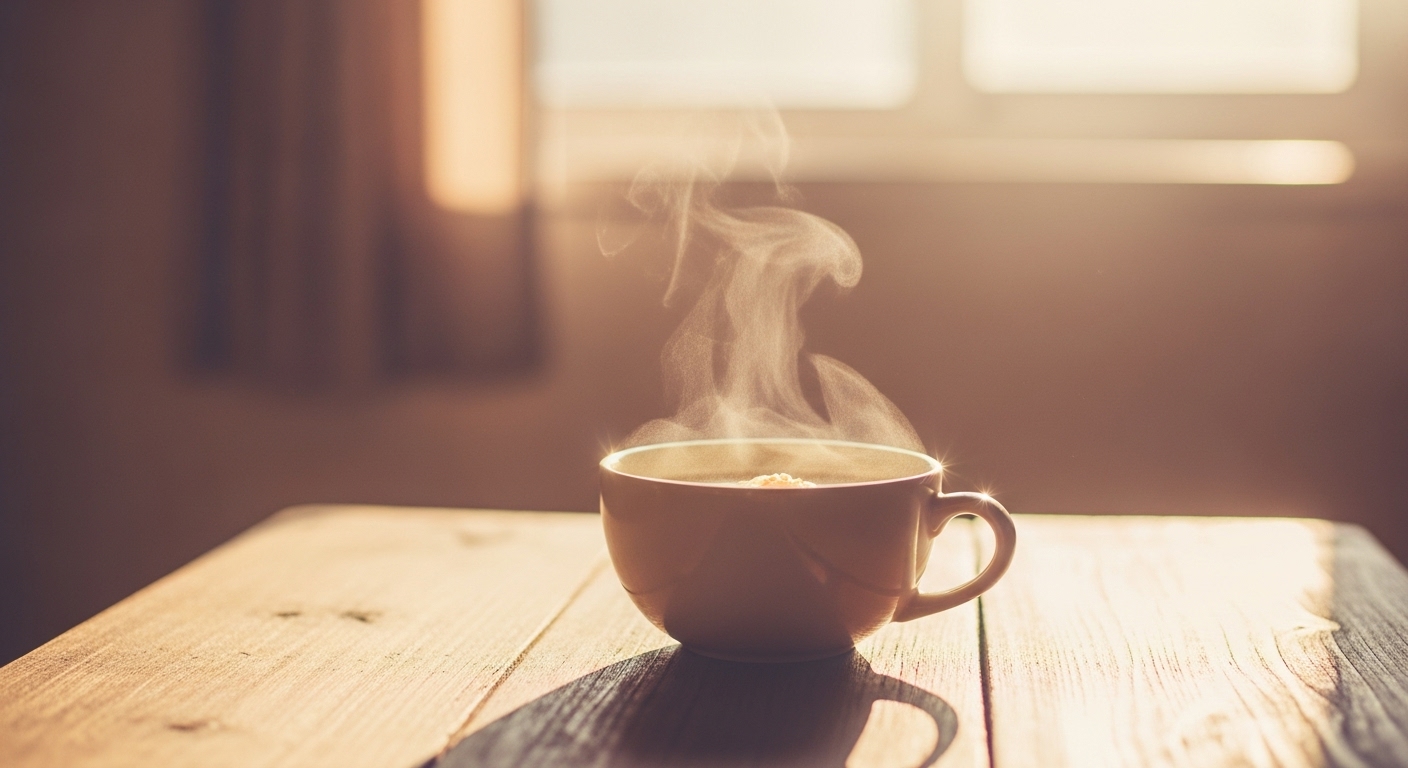 木のテーブルと湯気